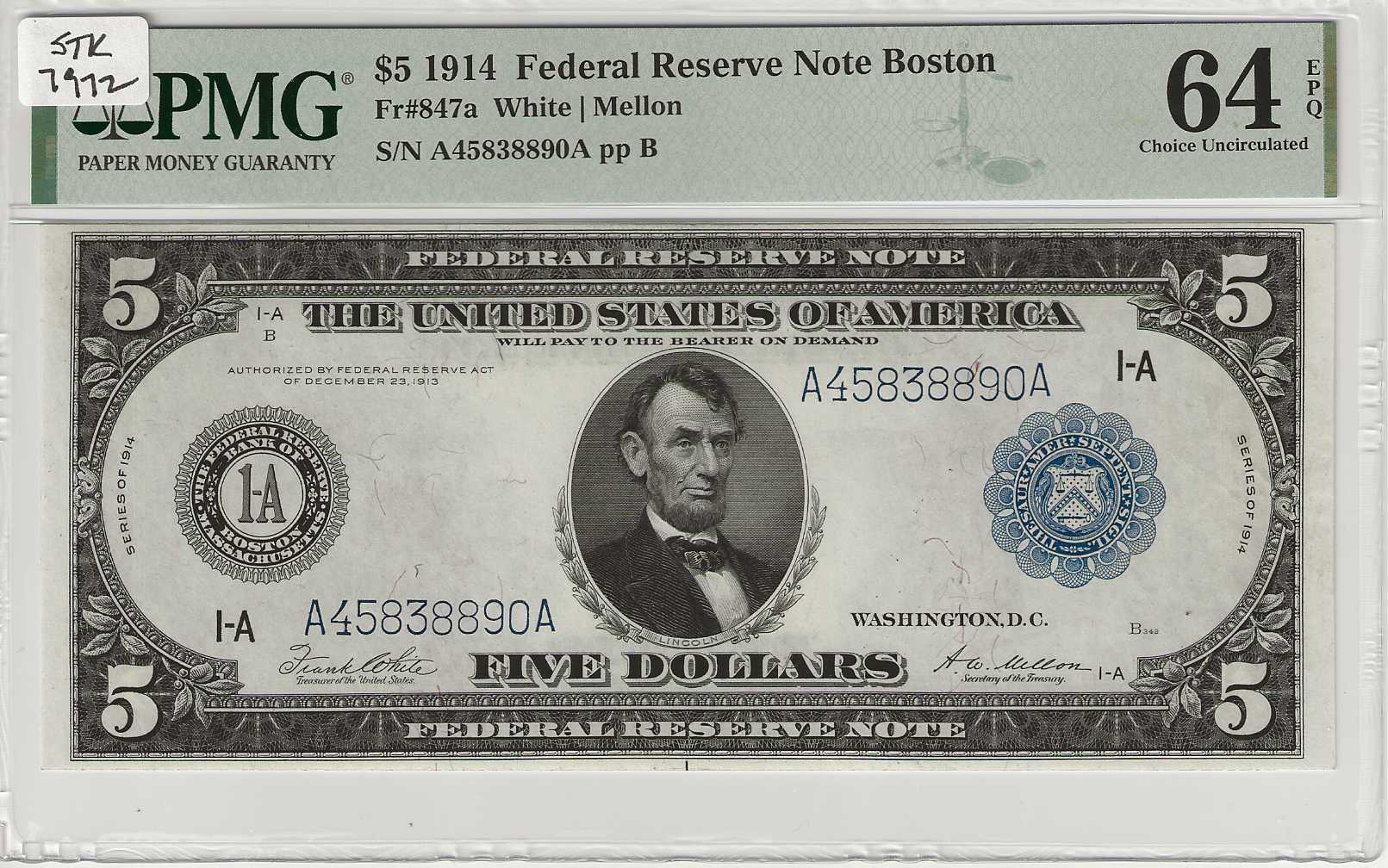 FR. 0847a - 1914 $5 Federal Reserve Note PMG 64EPQ