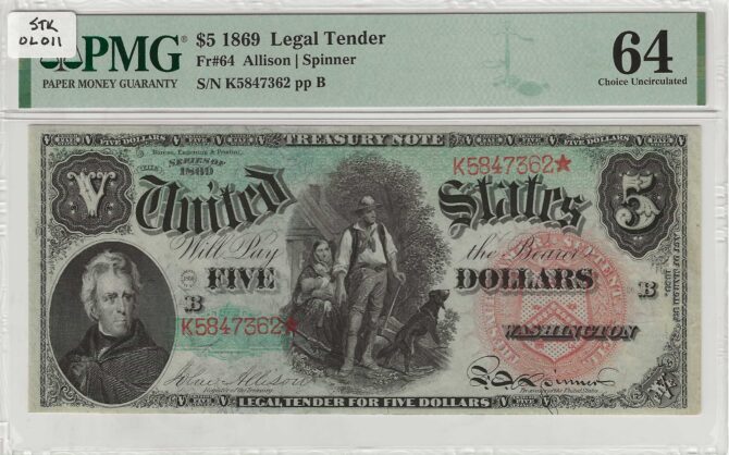 FR. 0064 - 1869 $5 Legal Tender PMG 64