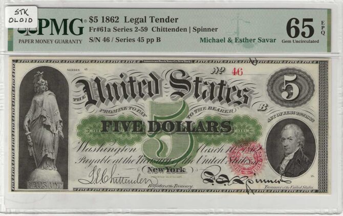 Fr. 61a $5 1862 Legal Tender PMG 65EPQ - GCU