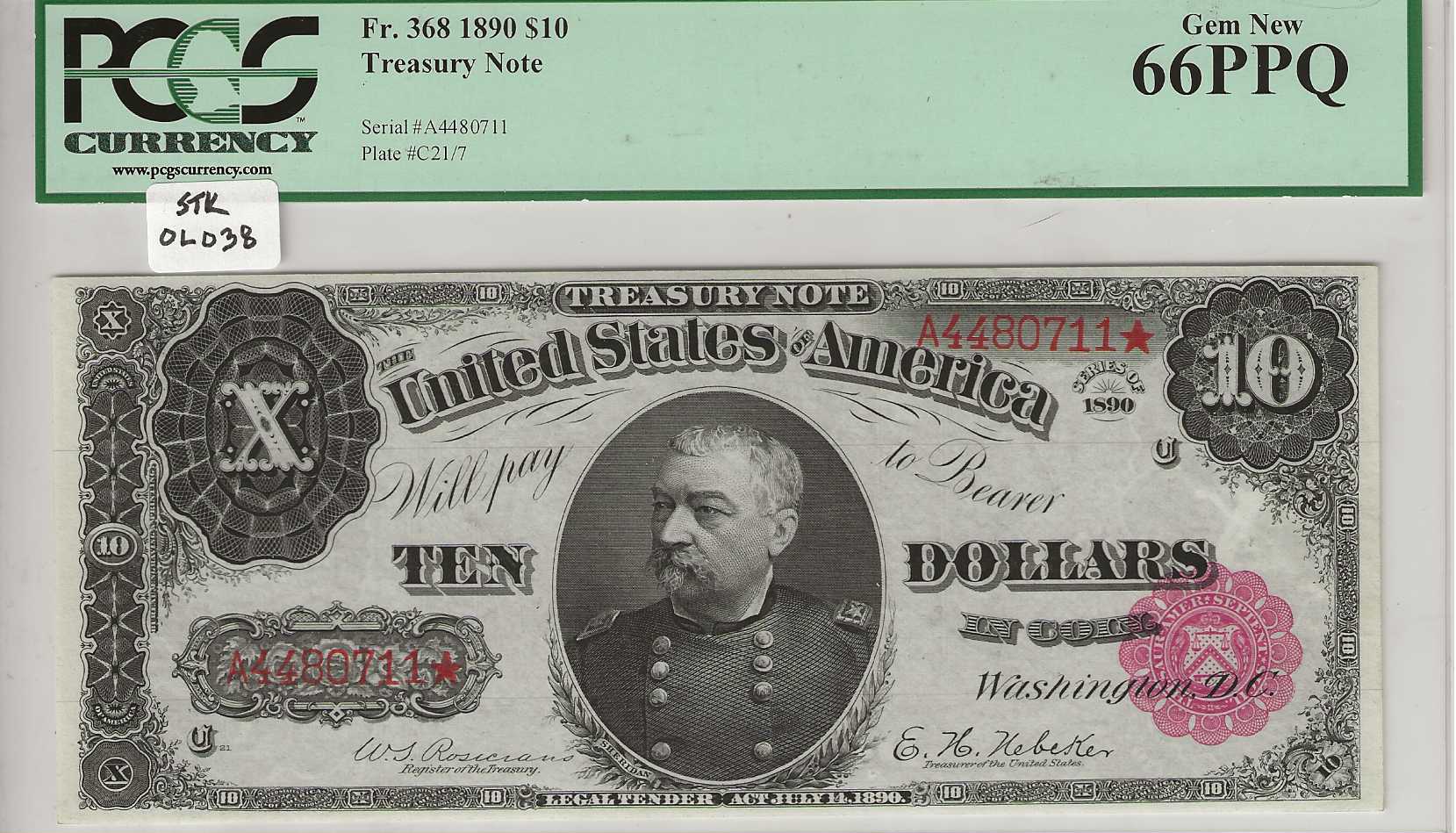 FR. 0368 - 1890 $10 Treasury Note PCGS 66PPQ: Rare Currency