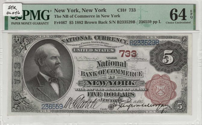 New York, NY - $5 1882 Brown Back Fr. 467 The NB of Commerce Ch. # 733