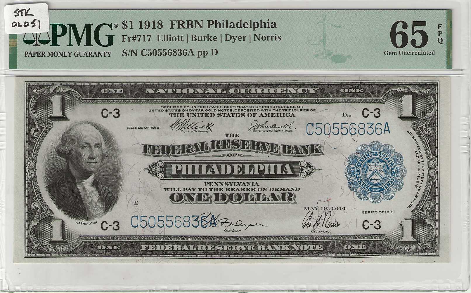 FR. 717 - 1918 $1 Federal Reserve Bank Note PMG 65EPQ