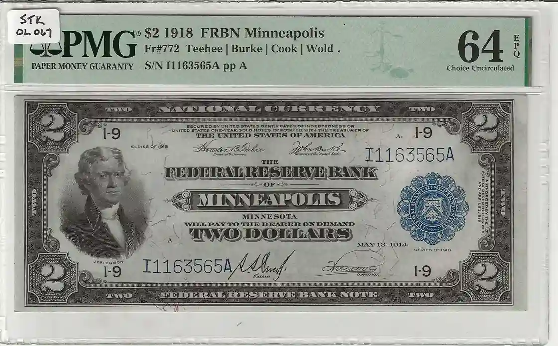 FR. 0772 – 1918 $2 Federal Reserve Bank Note Minneapolis PMG 64EPQ