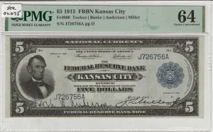 FR. 0800 – 1915 $5 Federal Reserve Bank Note Kansas City PMG 64