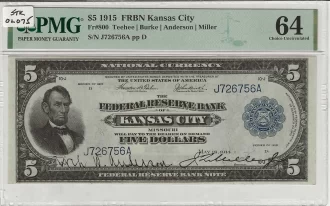 FR. 0800 – 1915 $5 Federal Reserve Bank Note Kansas City PMG 64