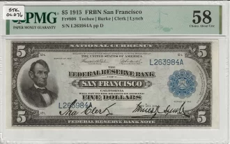 FR. 0808 – 1915 $5 Federal Reserve Bank Note San Francisco PMG 58