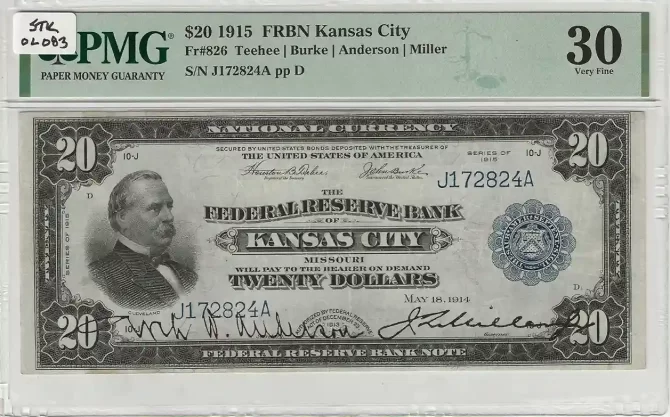 FR. 0826 – 1915 $20 Federal Reserve Bank Note Kansas City PMG 30