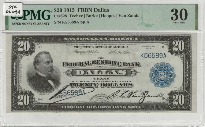 FR. 0828 – 1915 $20 Federal Reserve Bank Note Dallas PMG 30