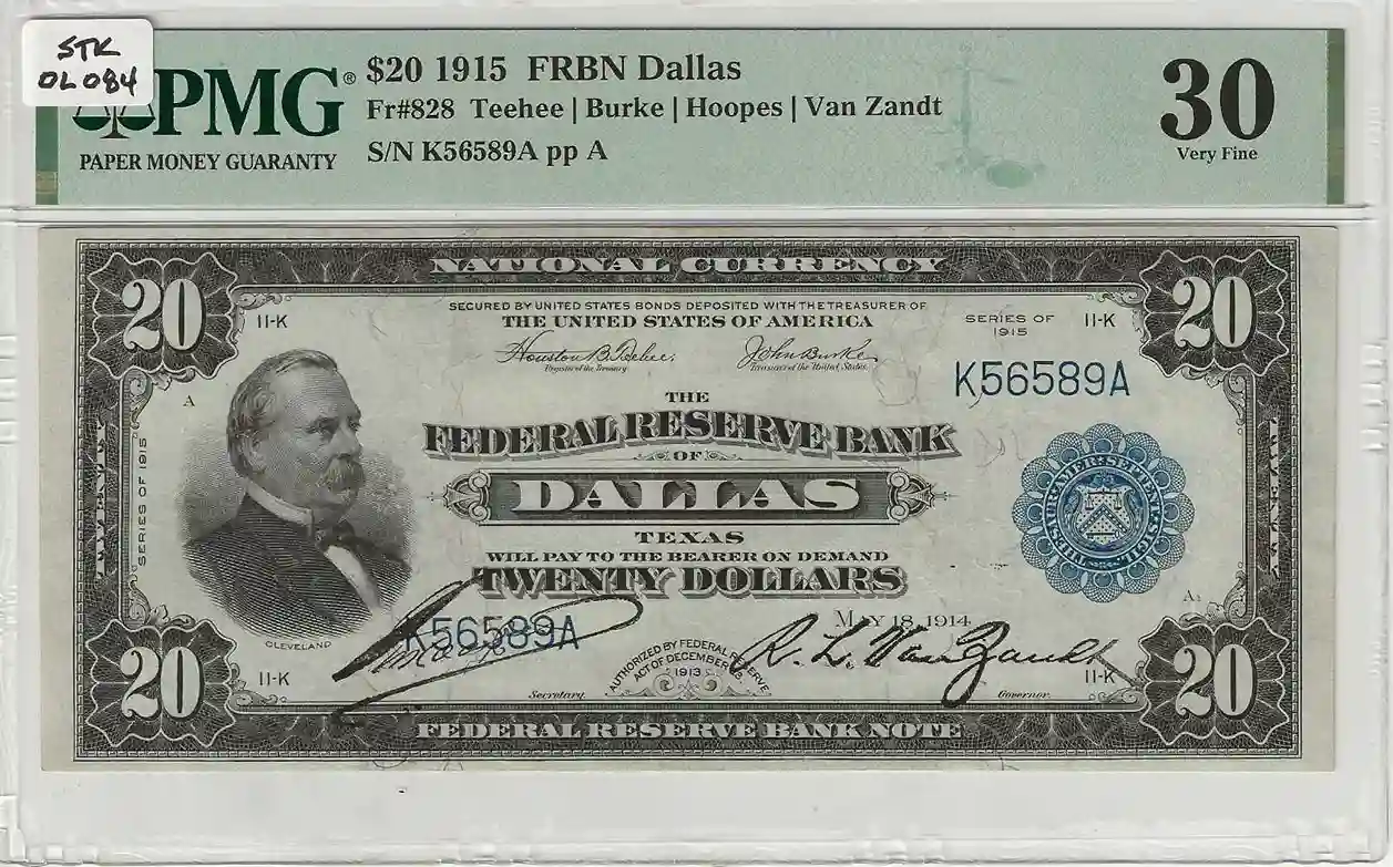 FR. 0828 – 1915 $20 Federal Reserve Bank Note Dallas PMG 30