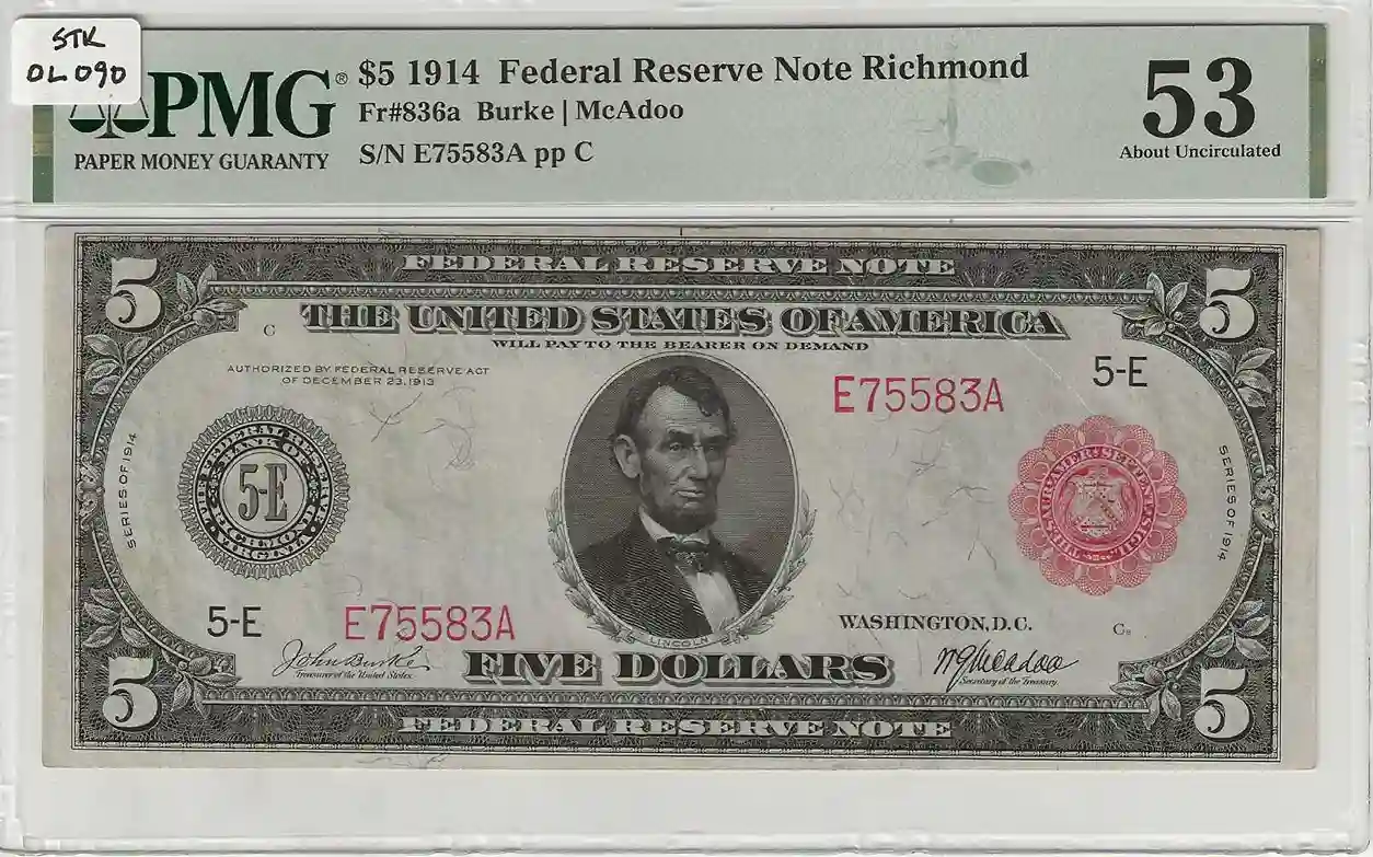 FR. 0836a – 1914RS $5 Federal Reserve Note Richmond PMG 53