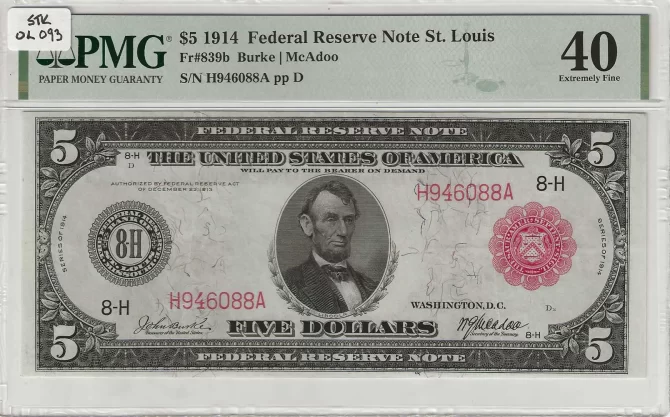 FR. 0839b – 1914RS $5 Federal Reserve Note St. Louis PMG 40