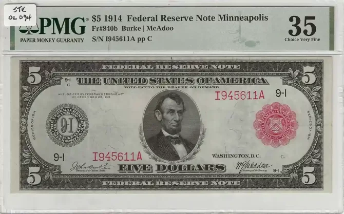 FR. 0840b – 1914RS $5 Federal Reserve Note Minneapolis PMG 35