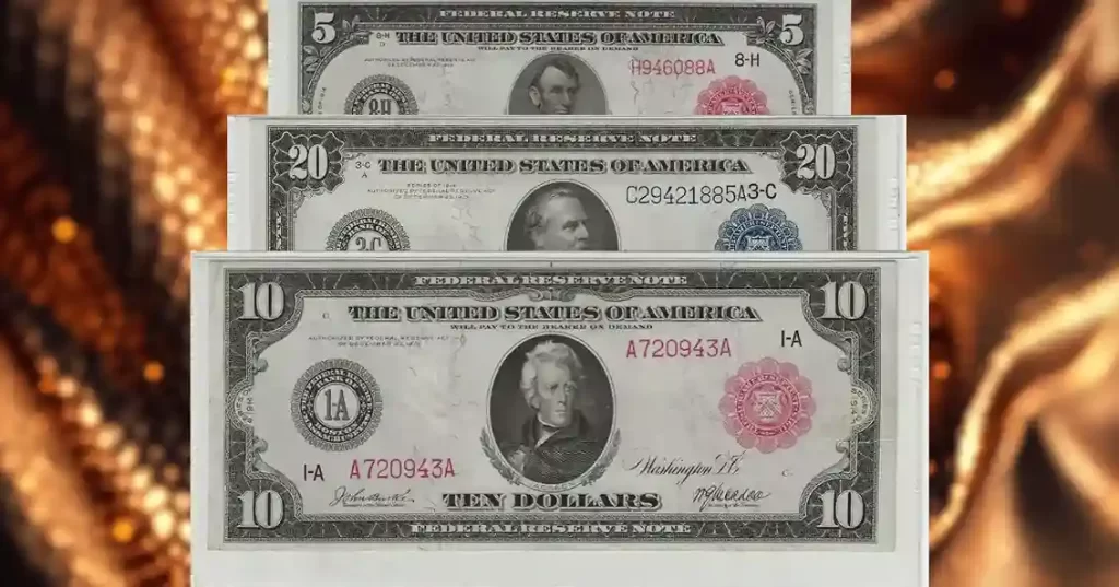 Three distinct types of U.S. currency displayed on a luxurious gold background, highlighting their unique designs and features.