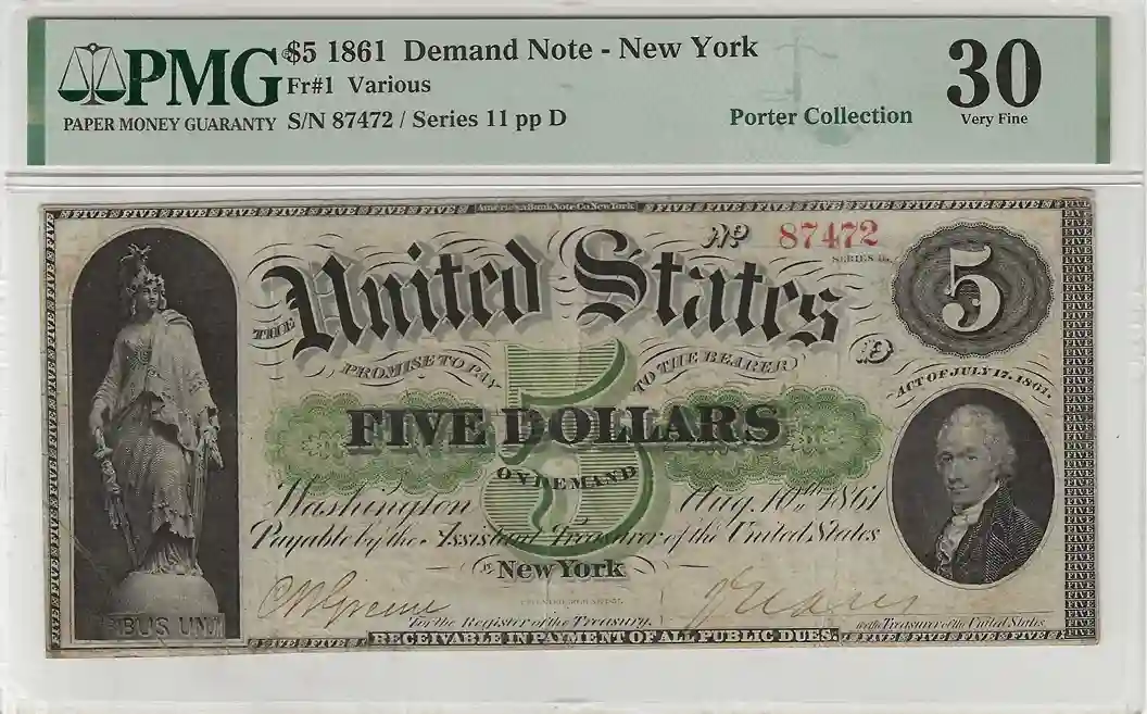 1861 $5 Demand Note New York PMG