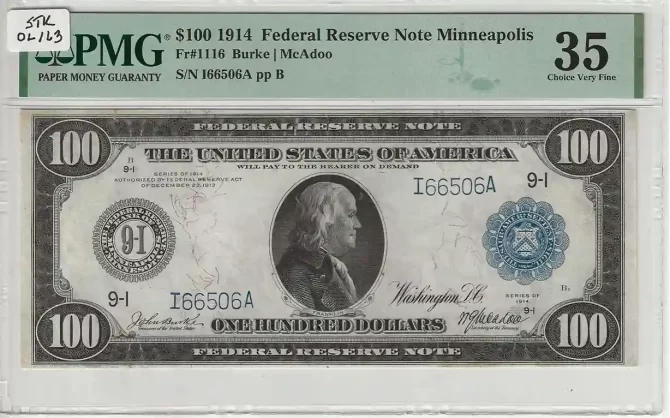 FR. 01116 – 1914 $100 Federal Reserve Note Minneapolis PMG 35