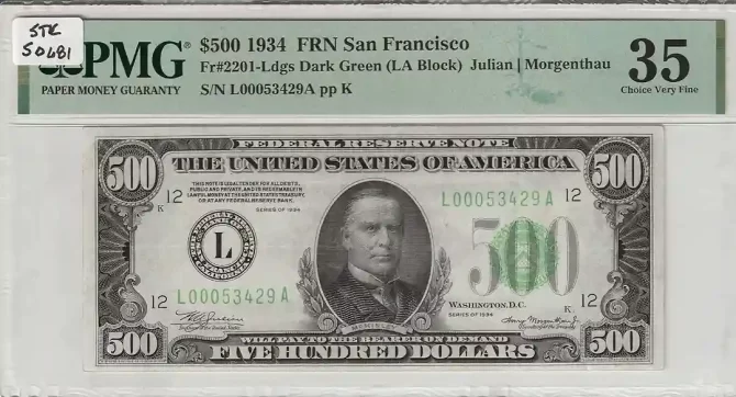 1934 $500 Federal Reserve Note San Francisco PMG