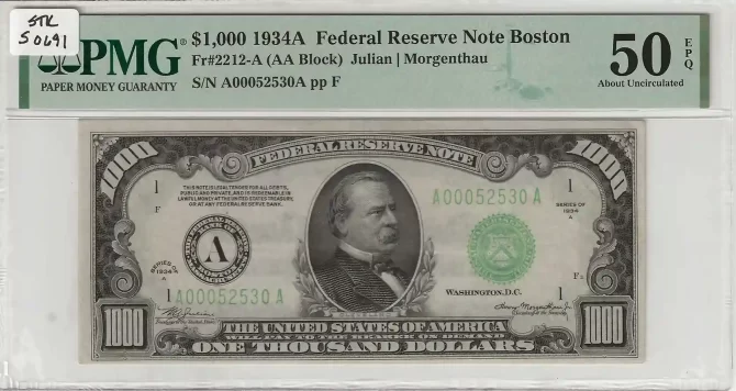 FR. 2212-A - 1934A $1000 Federal Reserve Note Boston PMG 50