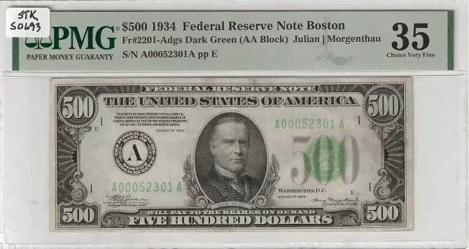 1934 $500 Federal Reserve Note Boston PMG 35