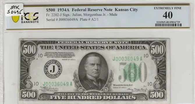 FR. 2202-J - 1934A $500 Federal Reserve Note Kansas City PCGS