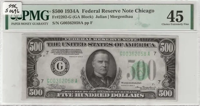 FR. 2202-G - 1934A $500 Federal Reserve Note Chicago PMG 45