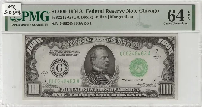 FR. 02212-G - 1934A $1000 Federal Reserve Note Chicago PMG 64