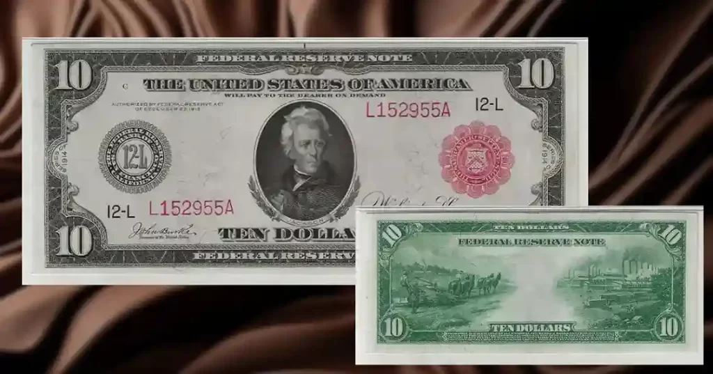 Federal Reserve Note History: The Evolution of U.S. Paper Currency: Two green and red U.S. currency notes placed on a textured brown cloth background.