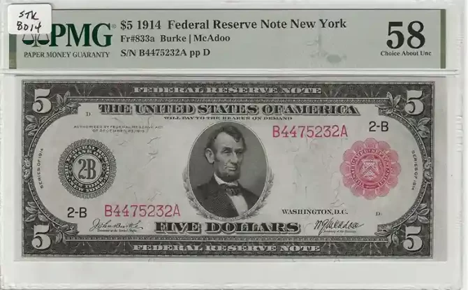 FR. 833a - $5 1914RS Federal Reserve Bank Note New York PMG 58