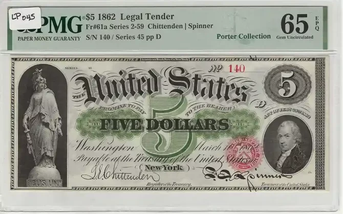 1862 $5 Legal Tender PMG 65