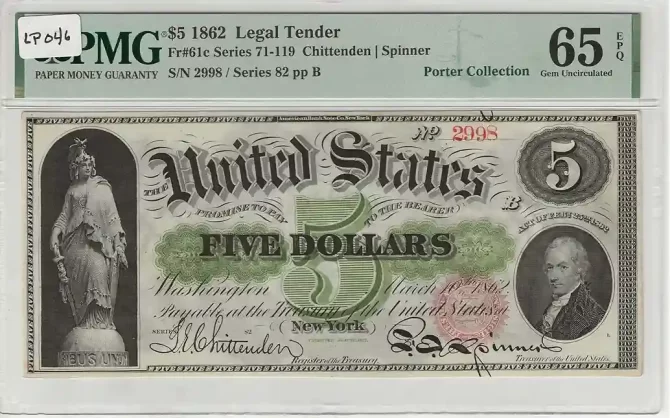 1862 $5 Legal Tender PMG 65 EPQ