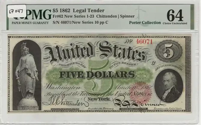 1862 $5 Legal Tender PMG 64 - Rare Graded Currency