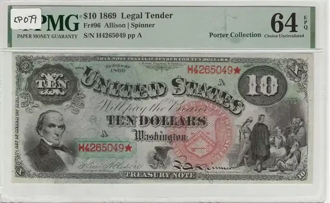 FR. 96 - 1869 $10 Legal Tender PMG 64 EPQ Graded | Rare Coin