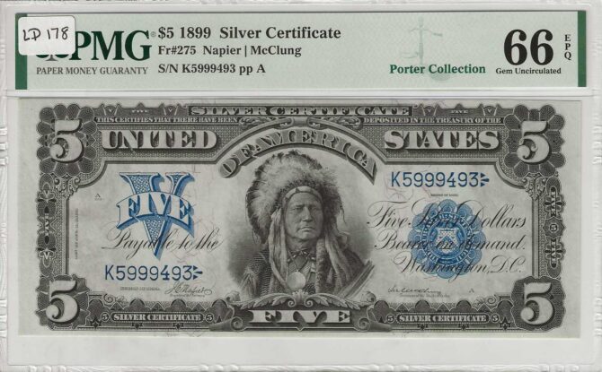 FR. 275 $5 Silver Certificate 1899 PMG 66EPQ