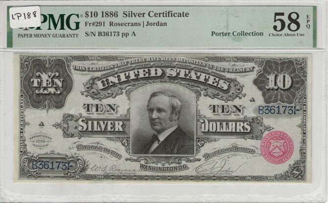 FR. 291 - 1886 $10 Silver Certificate PMG 58EPQ